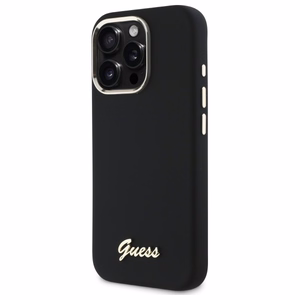 Guess silikona vāciņš ar metāla logotipu un metāla rāmi iPhone 16 Pro Max - melns