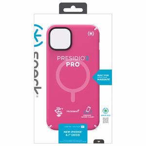 Speck Presidio2 Pro + MagSafe vāciņš ierīcei iPhone 15 Plus / 14 Plus, ar Microban pretmikrobu aizsardzību, “Digital Pink / Blossom Pink / White” krāsu kombinācija