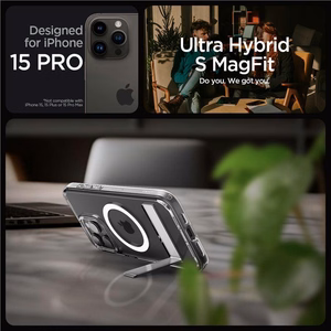 Spigen Ultra Hybrid S Magnētiskais viedtālruņa apvalks ar statīvu iPhone 15 Pro - Caurspīdīgs