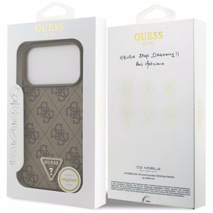Guess Leather 4G Triangle Strass MagSafe vāciņš iPhone 18 Pro / 17 Pro – brūns
