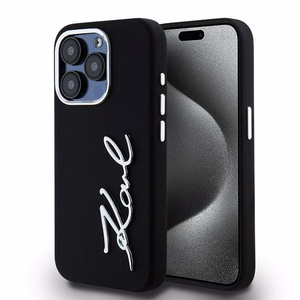 Karl Lagerfeld Silikona Metal Script Logo viedtālruņa apvalks iPhone 15 Pro - melns