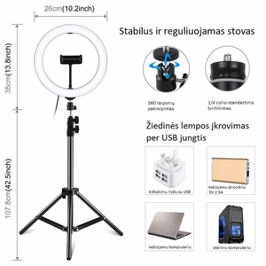 LED gredzenveida lampa 26cm ar galda statīvu līdz 1.1m, tālruņa turētāju un USB