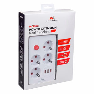 Maclean MCE393 W – power strip, 4 sockets + 3×USB, 110–240 V AC, 50/60 Hz, 2.1 A, up to 2500 W, 3 m, white