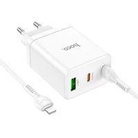 Lādētājs Hoco 2 x USB C + USB A QC3.0 PD 3A 35W N33 + Kabelis USB C uz Lightning N33 balts