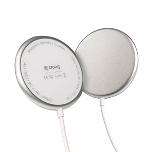 Crong MagSpot alumīnija 15 W magnētiskais bezvadu lādētājs, saderīgs ar MagSafe, sudraba un balts