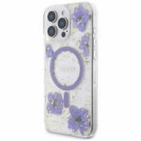 Guess Viedtālruņa apvalks ar sveķu ziediem Magnētiskais iPhone 16 Pro - violeta