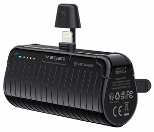 Внешний аккумулятор Veger PlugOn (W0558P) PD QC3.0 2,4A 20W 5000 mAh со встроенным коннектором Lightning чёрный
