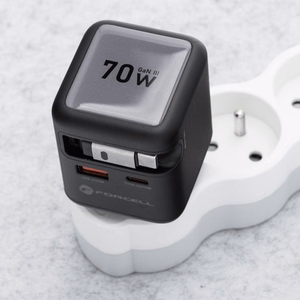 FORCELL F-ENERGY GaN III VT-R7 ceļojumu lādētājs ar izvelkamu kabeli Type C un 1x Type C, 1x USB A uzlādes portiem PD QC4.0 3A 70W pelēks