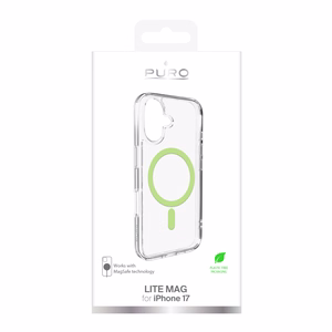 Чехол Puro Lite Mag TPU+PC совместимый с MagSafe для iPhone 17 - прозрачный с зелёным кольцом