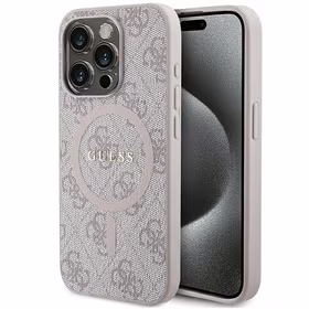 Guess 4G kolekcija ādas metāla logotips Magnētiskais apvalks iPhone 14 Pro Max - rozā