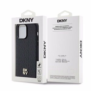 DKNY Ādas raksts metāla logotips MagSafe apvalks viedtālrunim iPhone 13 Pro Max - melns