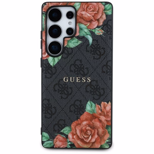 Guess ādas 4G ziedu raksta metāla klasiskais logotips magnētiskais viedtālruņa apvalks Samsung Galaxy S25 Ultra - melns