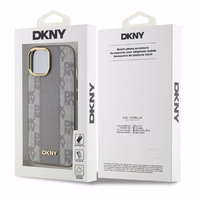 DKNY Ādas rūtainais mono raksts magnētiskais iPhone 15 viedtālruņa apvalks - bēšs