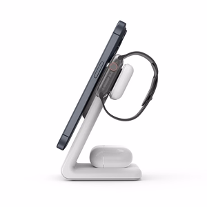 Crong MagSpot Pivot Stand 3 vienā bezvadu lādētājs iPhone, Apple Watch un AirPods ierīcēm, saderīgs ar MagSafe, balts