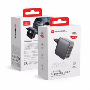 FORCELL F-ENERGY GaN VT-46 pelēks ceļojuma lādētājs 3 x Type C + USB A PD QC4.0 5A 100W ar PD