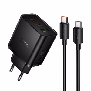 tālruņa lādētājs Hoco 2x USB C + USB A QC3.0 PD 3A 65W + datu kabelis USB C to USB C N75 melns