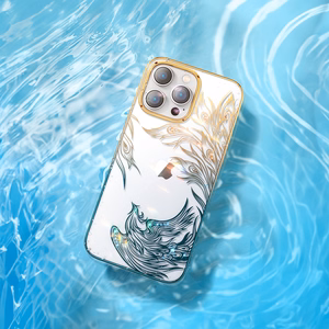 Luksusa iPhone 14 Pro apvalks ar Kingxbar Phoenix kristāliem - zelta un zils