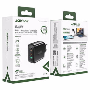 Acefast ātrais lādētājs GaN (2xUSB-C / USB-A) PPS / PD / QC4+ 65W melns (A41)