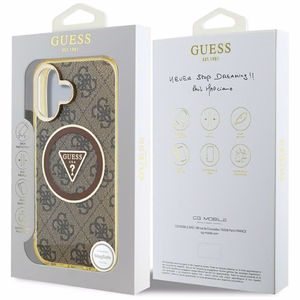 Guess IML Metal Glitter 4G Circle Triangle magnētiskais viedtālruņa apvalks iPhone 16 - brūns