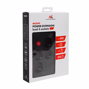Maclean MCE393 B pagarinātājs ar 4 kontaktligzdām un 3 USB pieslēgvietām, 110–240 V AC, 50/60 Hz, 2,1 A, maks. 2500 W, 3 m, melns