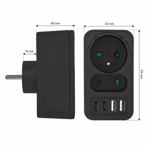 Maclean MCE249 F/B – elektrības kontaktligzdu sadalītājs, 2 kontaktligzdas, 4 USB porti: 2×USB-A un 2×USB-C PD 20 W, 1×16 A + 1×6 A