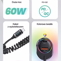 USAMS auto lādētājs C37 1xUSB+1xUSB-C 60W + kabelis Ligtning 30W PD+QC Fast Charge melns CC193CC01 (US-CC193)