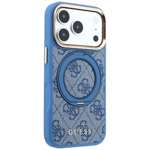 Guess 4G Classic Logo vāciņš modelim iPhone 18 Pro Max / 17 Pro Max, ar 360° gredzenu-statīvu, saderīgs ar MagSafe – zils