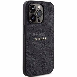 Guess 4G kolekcija ādas metāla logotips Magnētiskais apvalks iPhone 15 Pro - melns