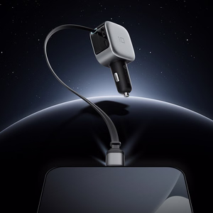 Cuktech CC903P 100W Car Charger with Display and 70cm Retractable USB-C Cable - Gray