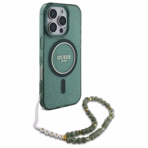 Guess IML Glitter With Pearl Strap Magnētiskais viedtālruņa apvalks MagSafe iPhone 16 Pro Max - zaļš
