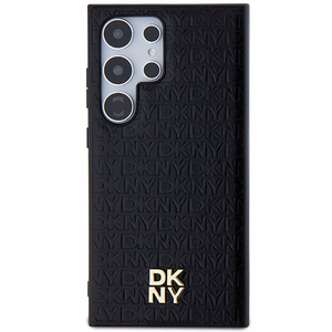 DKNY Ādas raksta metāla logotips Magnētiskais viedtālruņa apvalks Samsung Galaxy S24 Ultra - melns