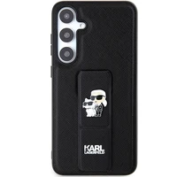 Karl Lagerfeld Gripstand Saffiano Karl&Choupette Pins viedtālruņa apvalks Samsung Galaxy S24 - melns