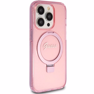 Guess viedtālruņa apvalks ar statīvu Ring Stand Script Glitter magnētiskais iPhone 15 Pro - rozā