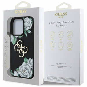 Guess Grained Roses Big 4G logo viedtālruņa apvalks iPhone 16 Pro Max - melns