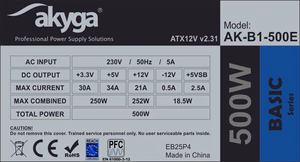 Akyga AK-B1-500E barošanas bloks 500 W 20+4 pin ATX ATX pelēks