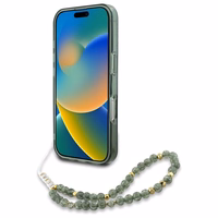 Guess IML Ziedi visur Electro ar pērļu siksnu Magnētiskais viedtālruņa apvalks iPhone 16 Plus - zaļš