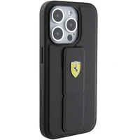 Ferrari Grip Stand Metal Logo apvalks iPhone 15 Pro – melns