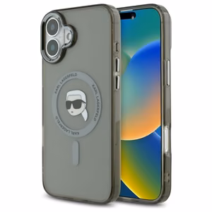 Karl Lagerfeld IML Metal Karl Head Magnētiskais iPhone 16 Plus viedtālruņa apvalks - melns