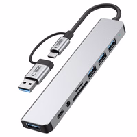 Tech-Protect HB06 HUB adapteris 8in1 TYPE-C + USB2.0 + USB3.0 + SD/TF + AV3.5 - pelēks