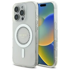 Guess IML Rhinestones magnētiskais viedtālruņa apvalks iPhone 16 Pro Max - balts