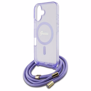 Guess soma pāri plecam viedtālruņa apvalks Cord Script MagSafe iPhone 16 – violets