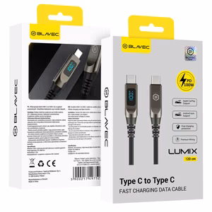 Blavec Lumix braided cable - Type-C to Type-C - PD 100W 5A LED display 1.2 m Apple CarPlay/Android Auto (CLU-CC5BG12) black-gray