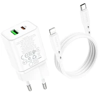 Borofone Sienas lādētājs BN7 - USB + Type C - QC 3.0 PD 20W ar Type C uz Lightning kabeli balts