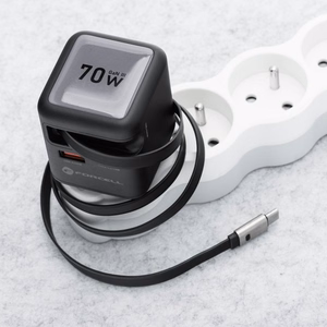 FORCELL F-ENERGY GaN III VT-R7 ceļojumu lādētājs ar izvelkamu kabeli Type C un 1x Type C, 1x USB A uzlādes portiem PD QC4.0 3A 70W pelēks