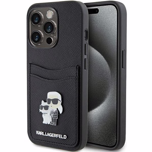 Karl Lagerfeld Saffiano karšu slotiņa Karl&Choupette metāla piespraude apvalks iPhone 15 Pro - melns