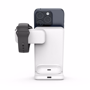 Crong MagSpot Pivot Stand 3 vienā bezvadu lādētājs iPhone, Apple Watch un AirPods ierīcēm, saderīgs ar MagSafe, balts