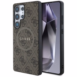 Guess Ādas 4G Krāsains Gredzens Klasiskais Logotips Magnētiskais Viedtālruņa apvalks Samsung Galaxy S25 Ultra brūna