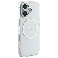 Guess IML Metal Colored Circle Classic Logo Magnētiskais viedtālruņa apvalks iPhone 16 - balts