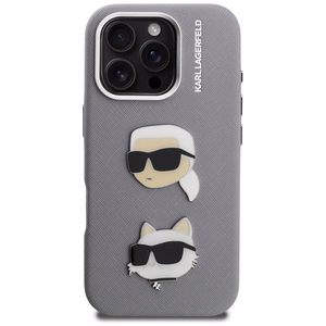 Karl Lagerfeld FW Grained Karl & Choupette Heads Pins Maciņš iPhone 16 Pro Max - pelēks