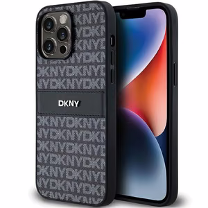 DKNY ādas mono svītra un metāla logotips viedtālruņa apvalks iPhone 14 Pro - melns